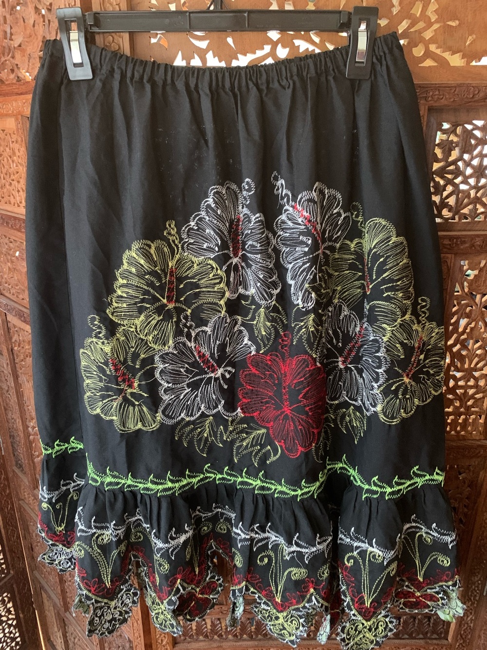 Black Floral Embroidered Midi Skirt - handmade with machine embroidery